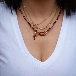 Triple Gold Italian Luck Horn Pepper Charm Carabiner Necklace